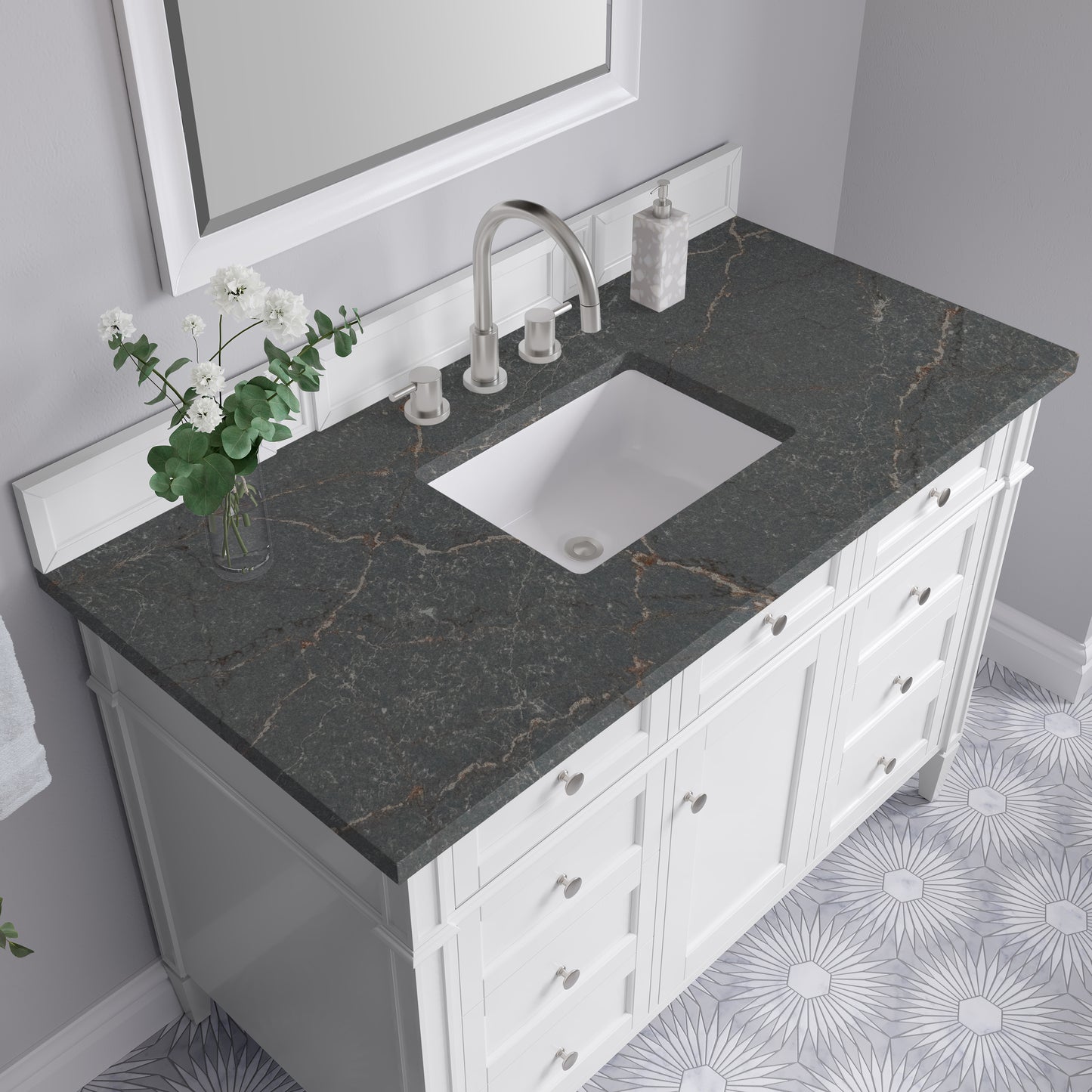 Renovate for Less Atlanta Brittany 48" Single Vanity, Bright White w/ 3 CM Parisien Bleu Silestone Top