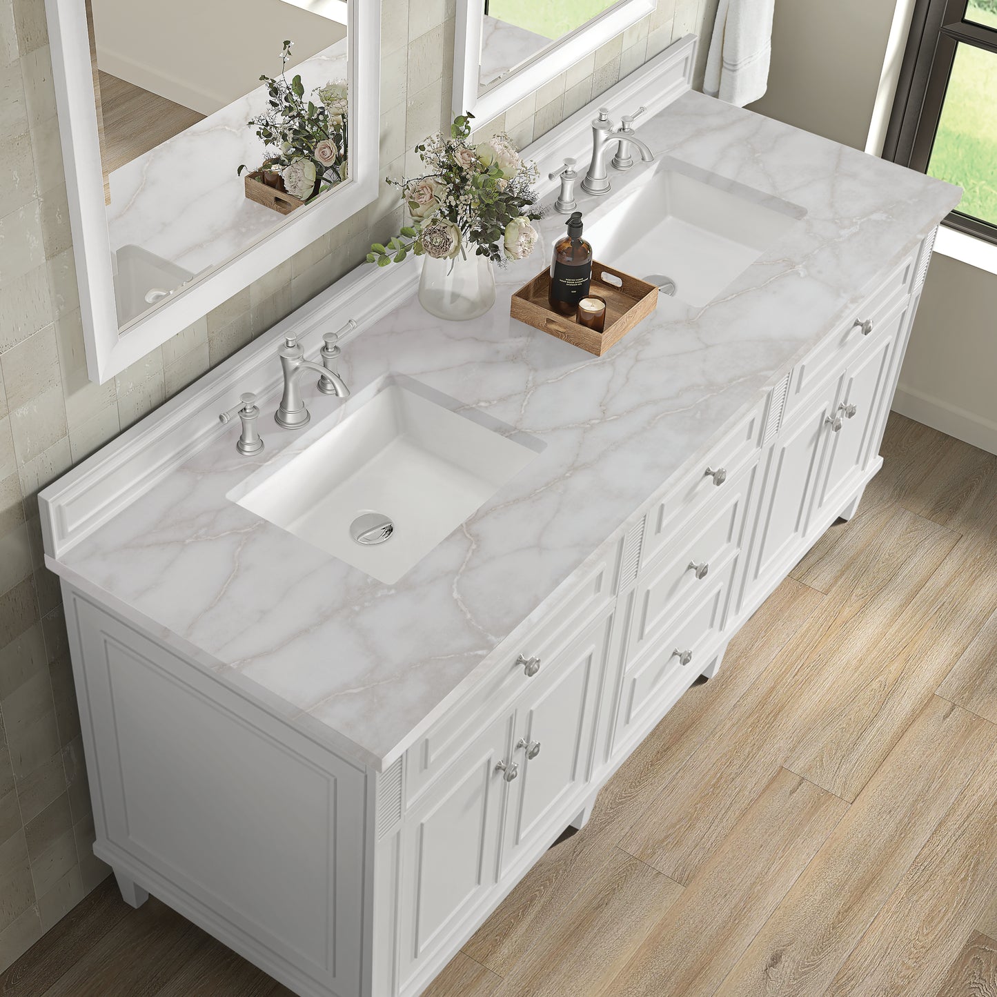Renovate for Less Atlanta Lorelai 72" Double Vanity, Bright White w/ 3 CM Victorian Silver Silestone Top