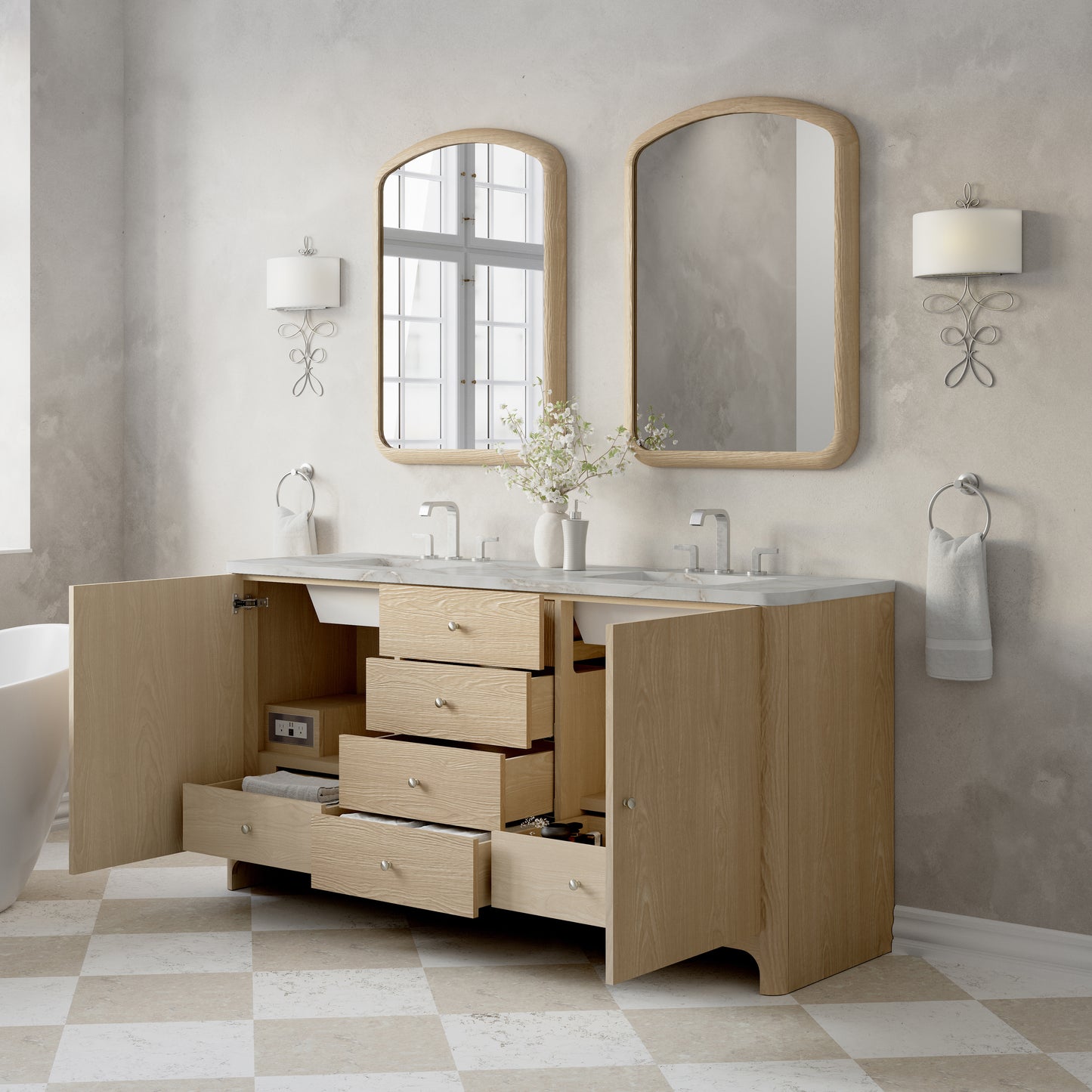 Renovate for Less Atlanta Gracyn 72" Double Vanity, Coastal Driftwood, w/ 3 CM Victorian Silver Quartz Widespread Top