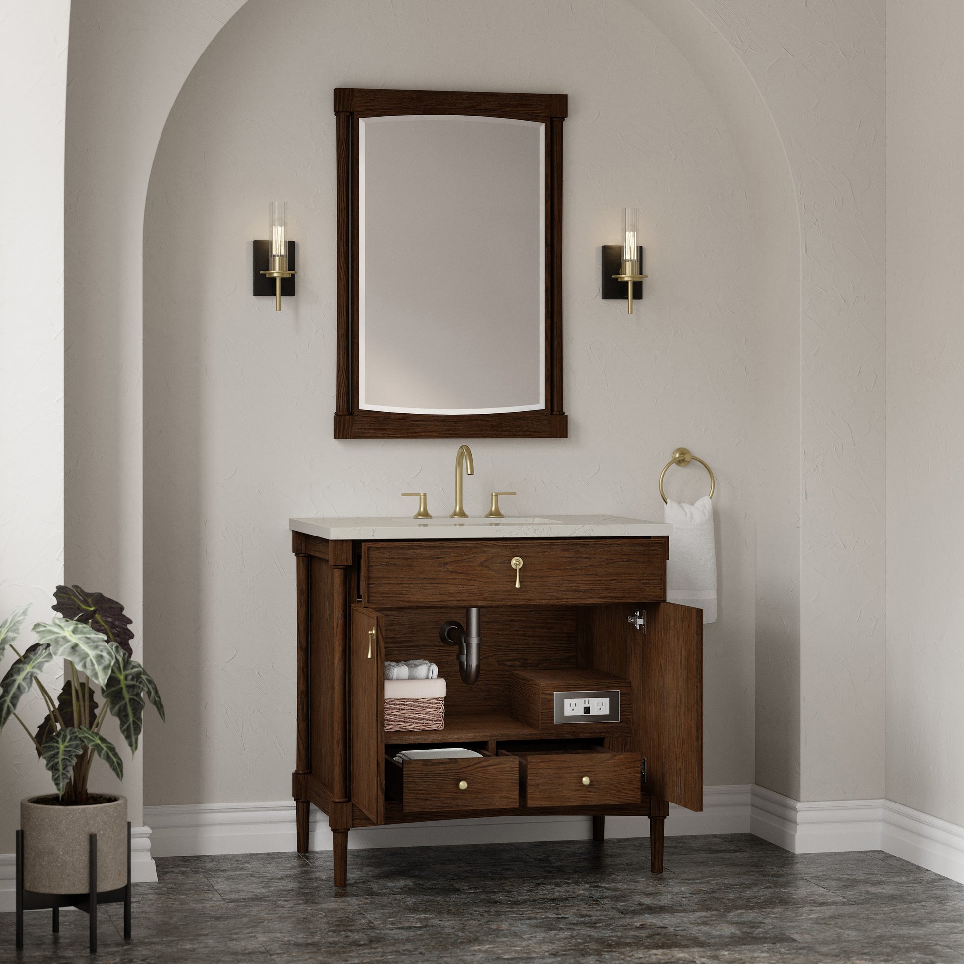 Renovate for Less Atlanta Kinnsden 36" Single Vanity, Sable Oak w/ 3 CM Siberian Silestone Top