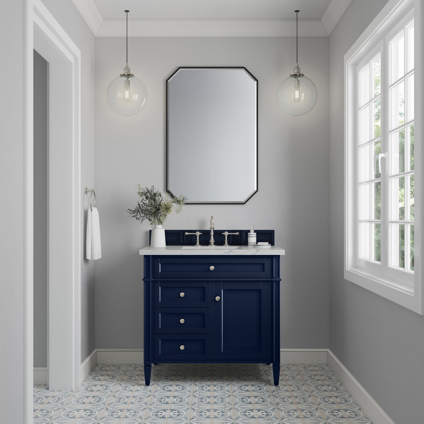 Renovate for Less Atlanta Brittany 36" Single Vanity, Victory Blue w/ 3 CM Ethereal Noctis Silestone Top