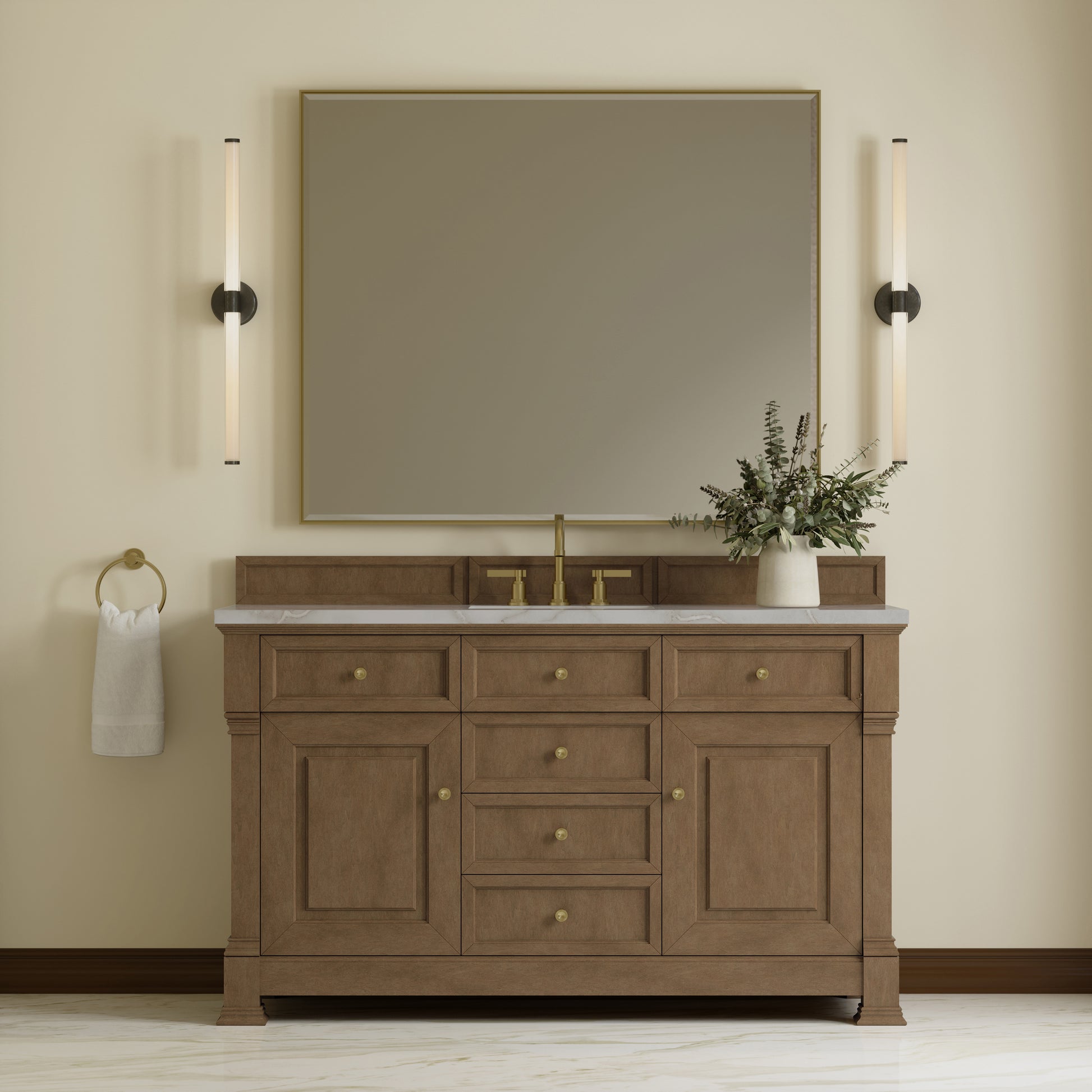 Renovate for Less Atlanta Brookfield 60" Single Vanity, Pecan w/ 3 CM Victorian Silver Silestone Top w/ FreePower Wireless Charger