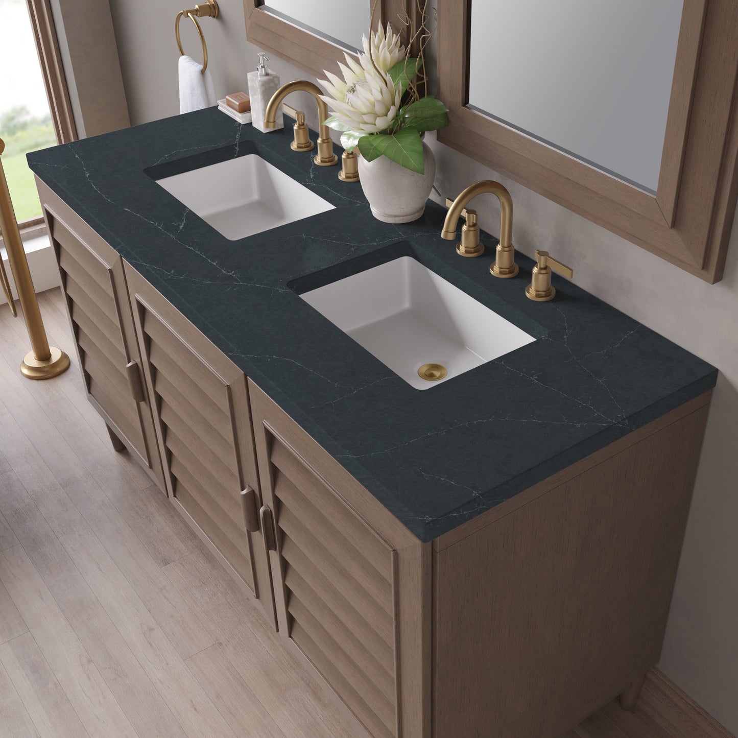 Renovate for Less Atlanta Portland 60" Double Vanity Whitewashed Walnut w/ 3 CM Charcoal Soapstone Silestone Top