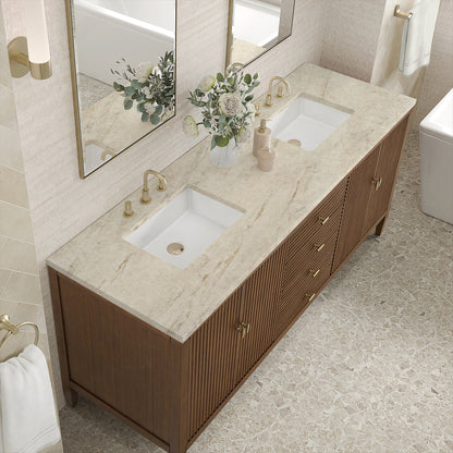 Renovate for Less Atlanta Myrrin 72" Vanity, Mid Century Walnut, w/ 3 CM Tajnar Eclos Top