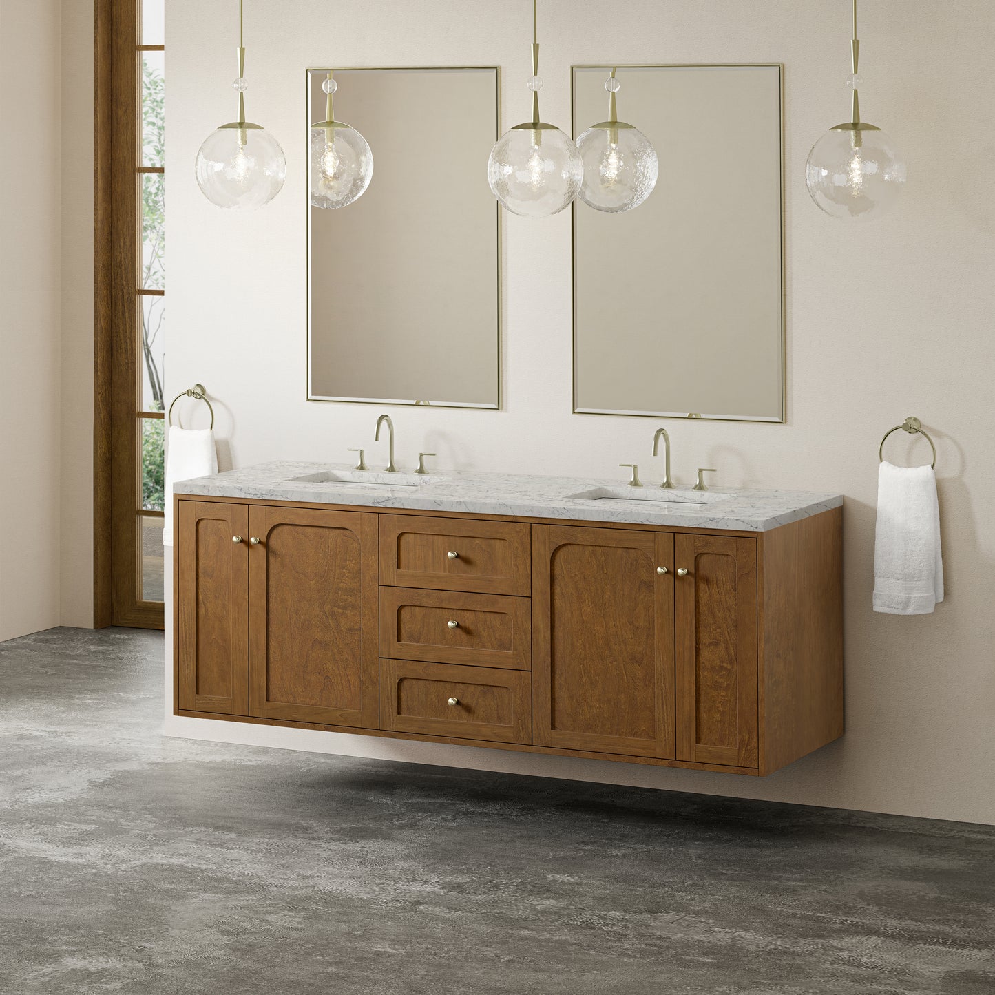 Renovate for Less Atlanta Laurent 72" Double Vanity, Honey Oak w/ 3 CM Eternal Jasmine Pearl Silestone Top w/FreePower Wireless Charger
