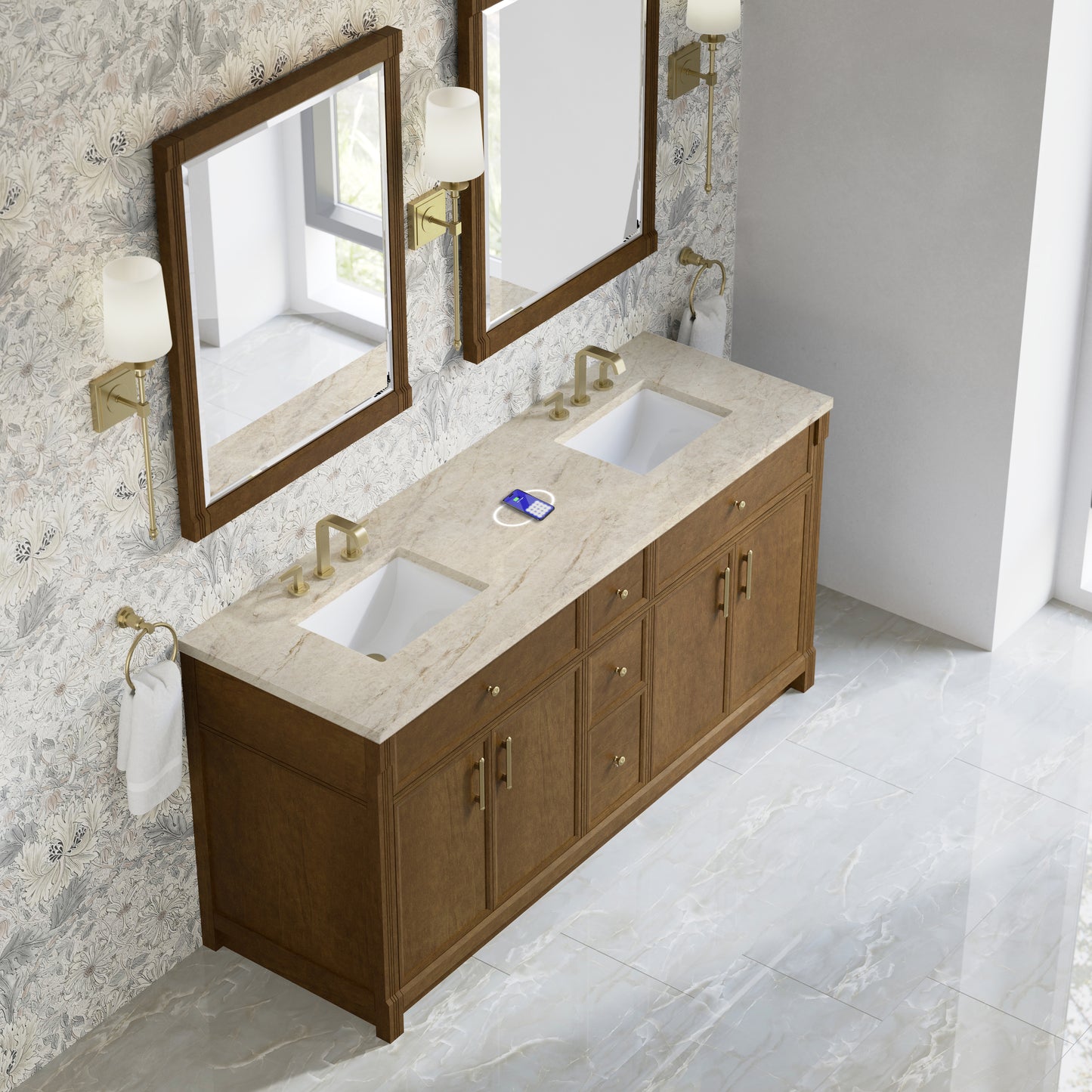 Renovate for Less Atlanta Bellshire 72" Double Vanity, Honey Oak w/ 3 CM Tajnar Eclos Top w/FreePower Wireless Charger