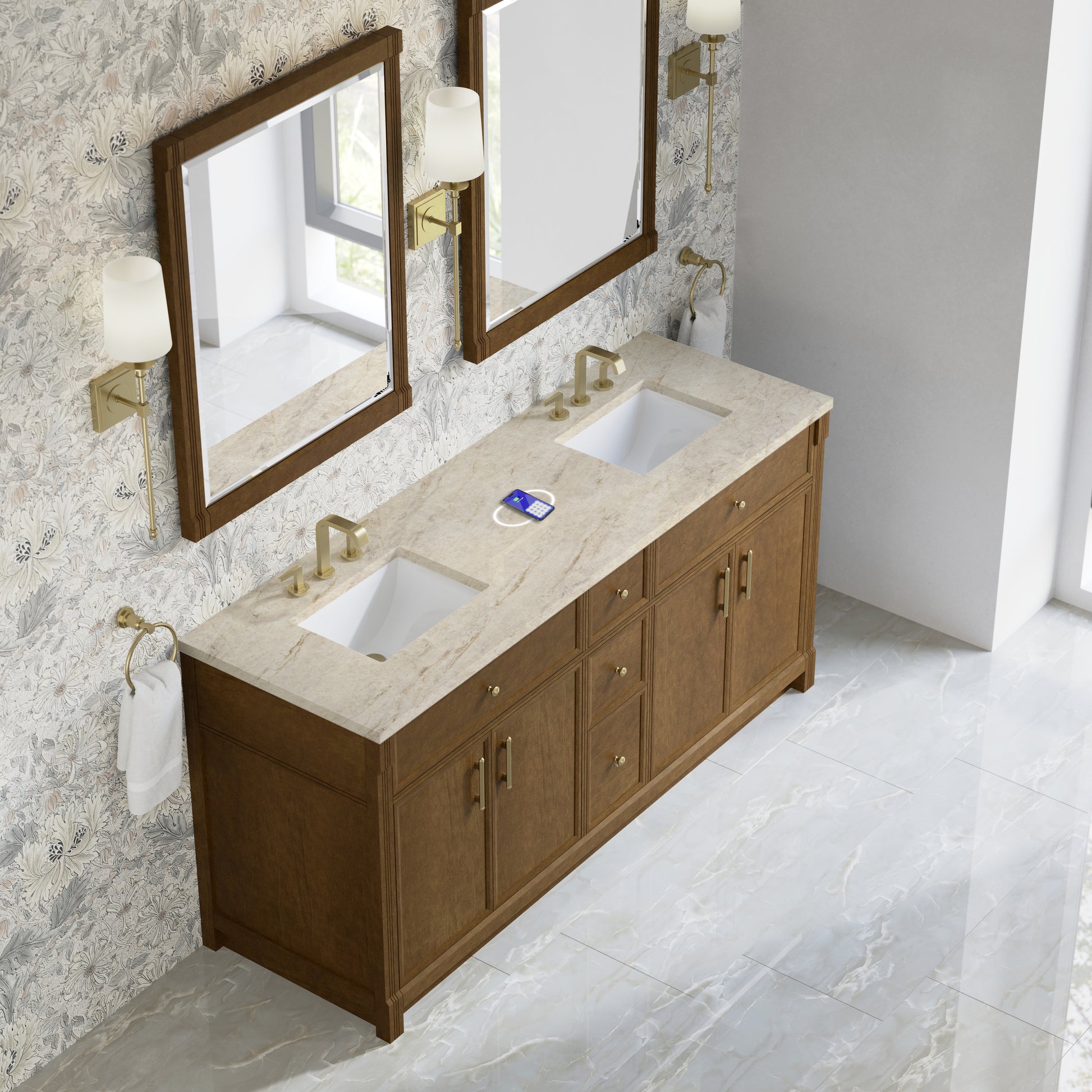 Renovate for Less Atlanta Bellshire 72" Double Vanity, Honey Oak w/ 3 CM Tajnar Eclos Top w/FreePower Wireless Charger