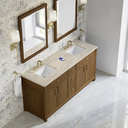 Renovate for Less Atlanta Bellshire 72" Double Vanity, Honey Oak w/ 3 CM Tajnar Eclos Top w/FreePower Wireless Charger