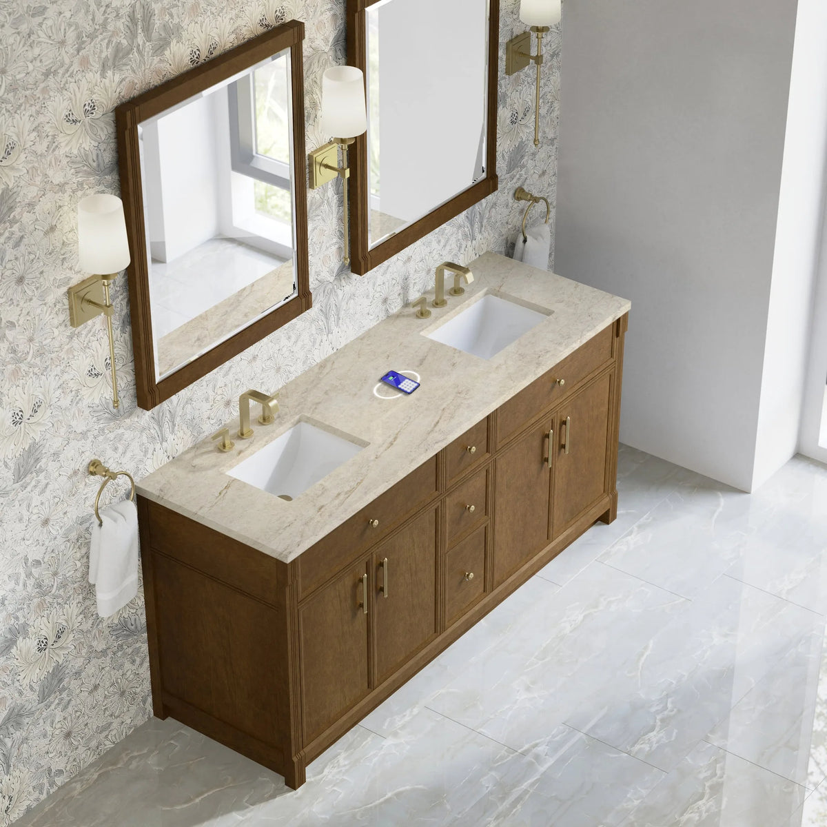 Bellshire 72" Double Vanity, Honey Oak w/ 3 CM Tajnar Eclos Top w/FreePower Wireless Charger