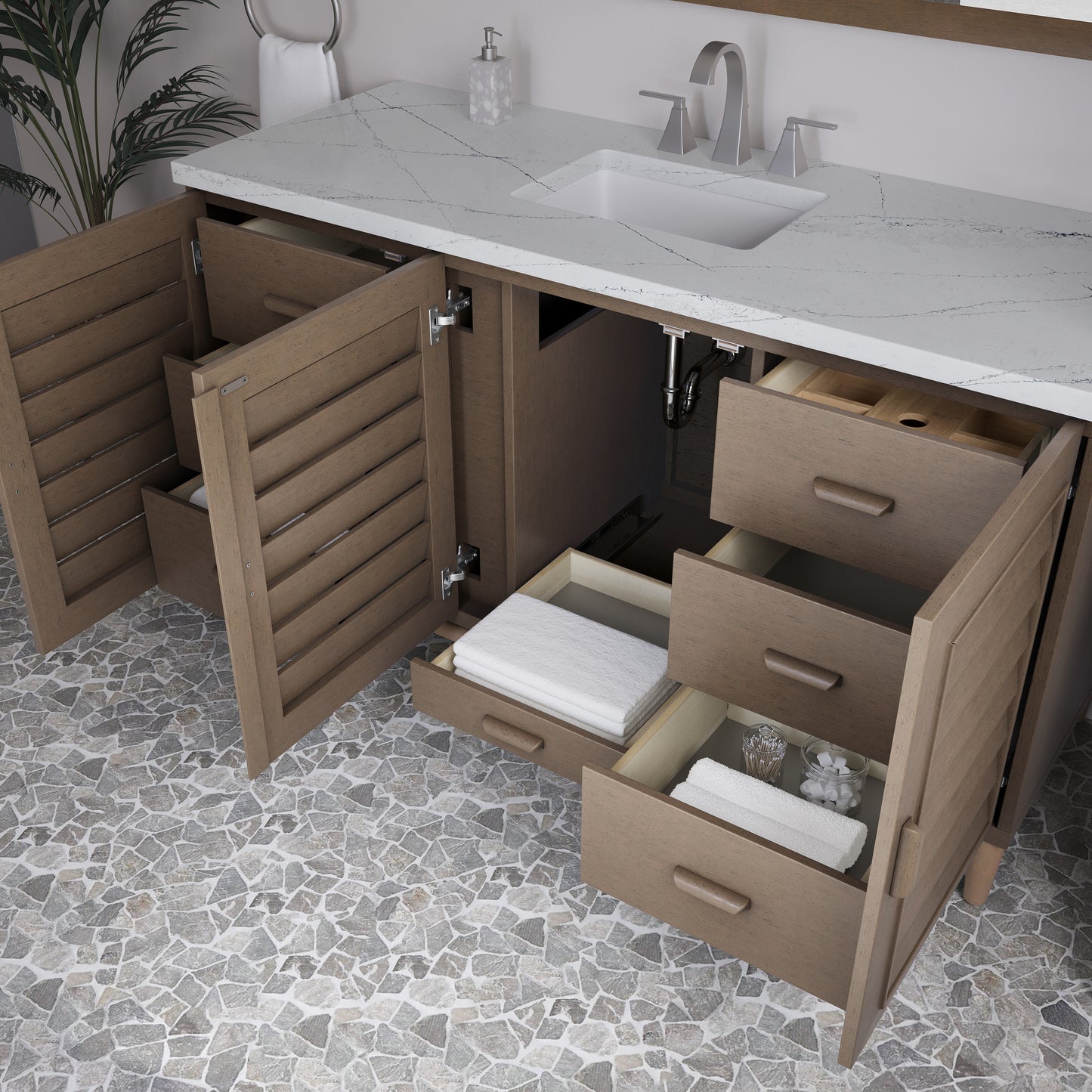 Renovate for Less Atlanta Portland 60" Single Vanity Whitewashed Walnut w/ 3 CM Ethereal Noctis Silestone Top