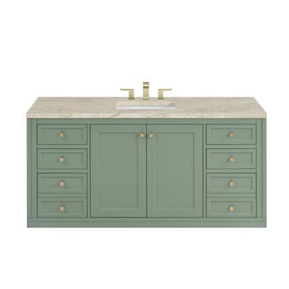 Chicago 60" Single Vanity, Smokey Celadon, w/ 3 CM Tajnar Eclos Top w/FreePower Wireless Charger