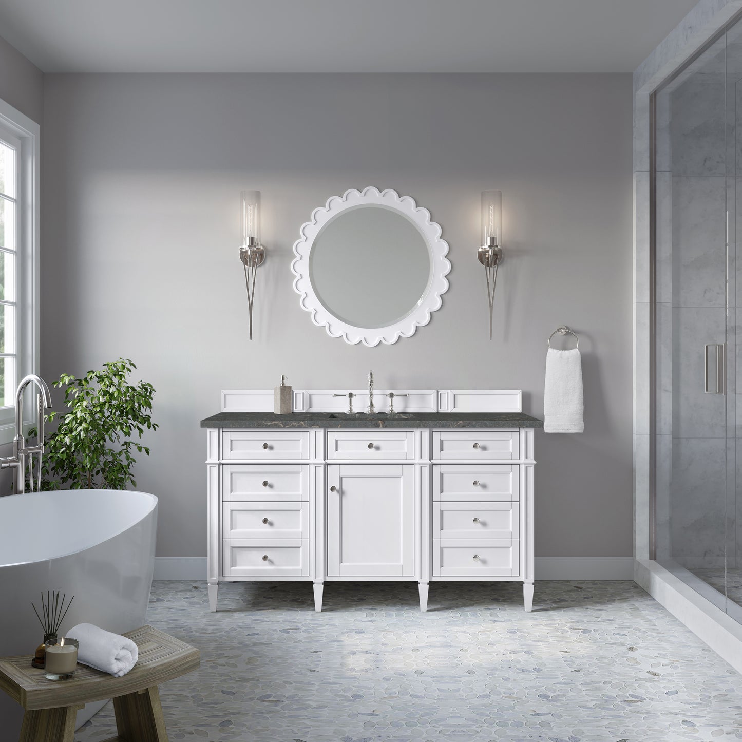 Renovate for Less Atlanta Brittany 60" Single Vanity, Bright White w/ 3 CM Parisien Bleu Silestone Top