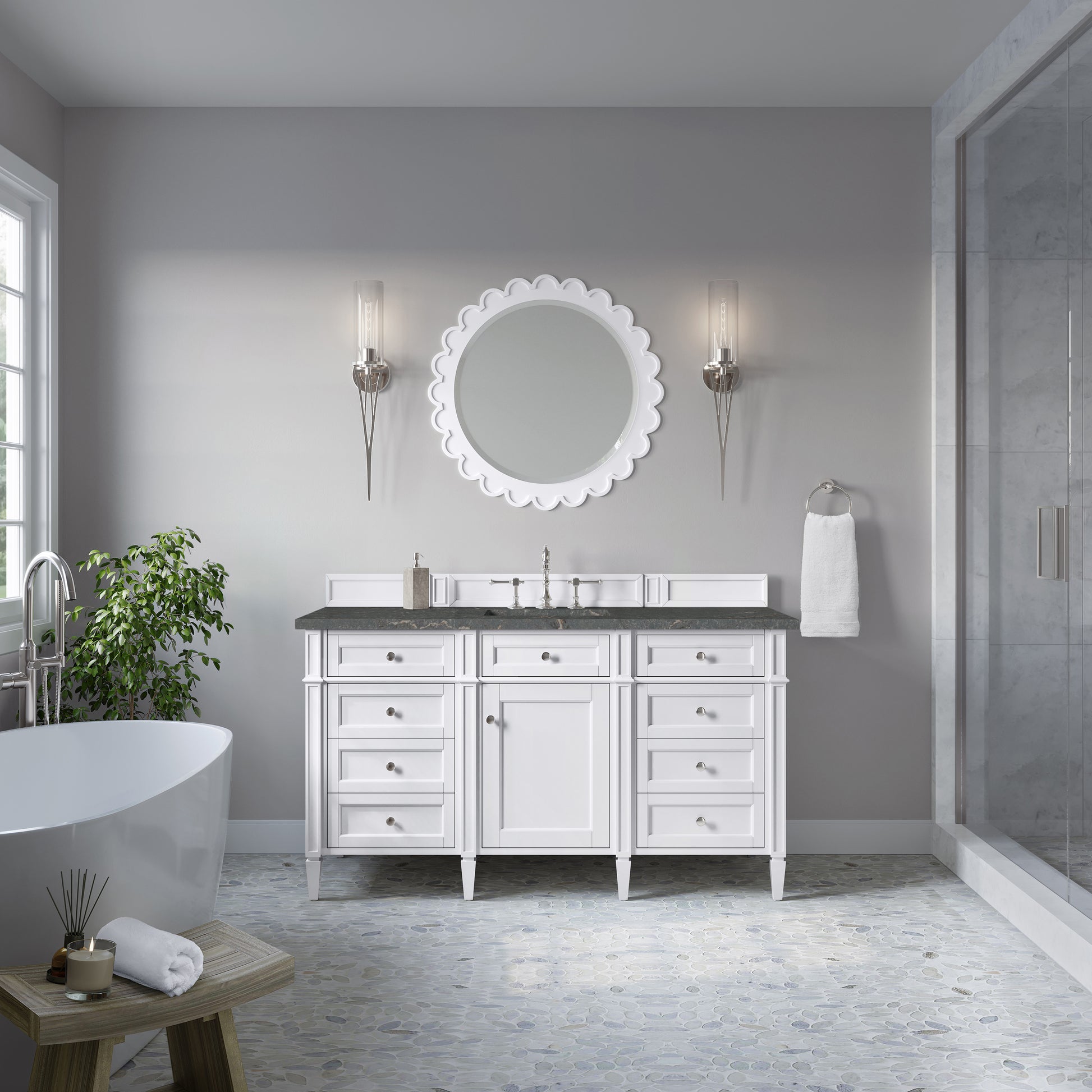 Renovate for Less Atlanta Brittany 60" Single Vanity, Bright White w/ 3 CM Parisien Bleu Silestone Top