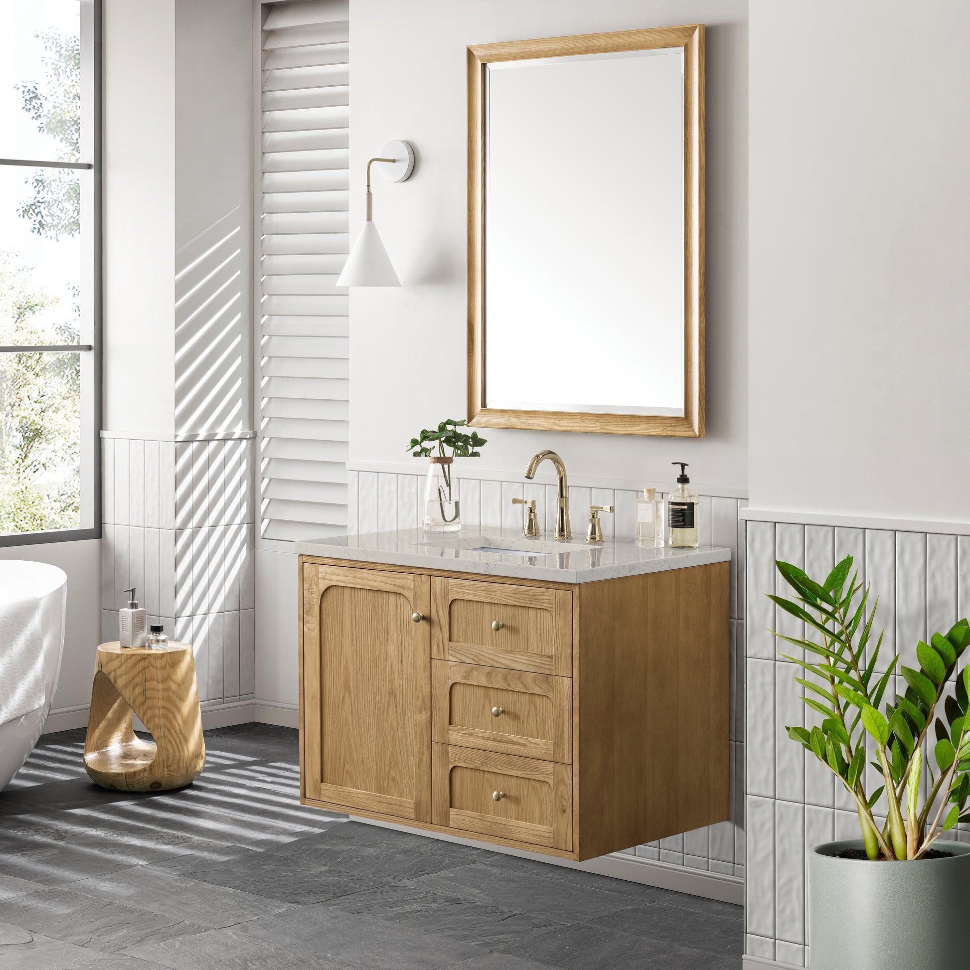 Renovate for Less Atlanta Laurent 36" Single Vanity, Light Natural Oak, w/ 3 CM Siberian Silestone Top