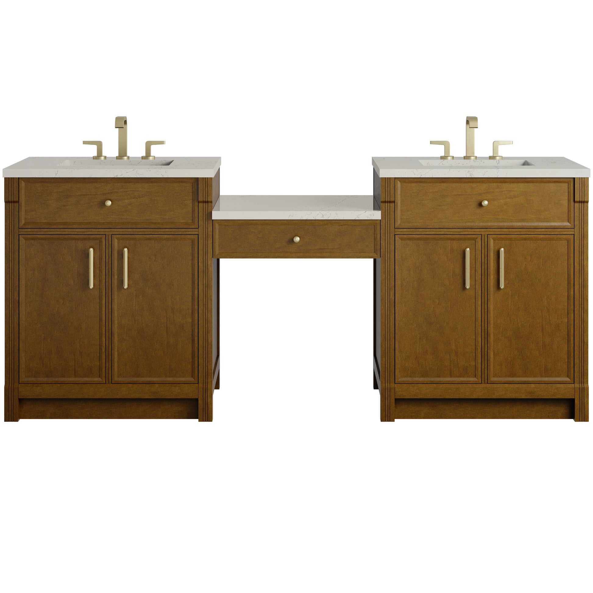 Renovate for Less Atlanta Bellshire 84" Dual Vanity Set with 24" Make-Up Counter, Honey Oak w/3 cm Siberian Silestone Top
