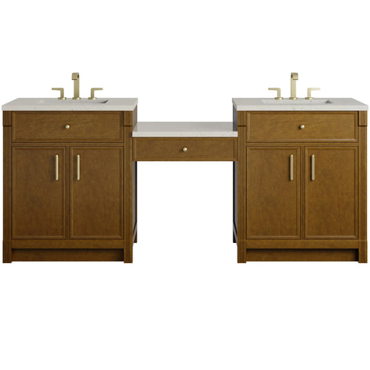 Bellshire 84" Dual Vanity Set with 24" Make-Up Counter, Honey Oak w/3 cm Siberian Silestone Top