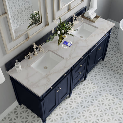 Renovate for Less Atlanta Brittany 72" Double Vanity, Victory Blue w/ 3 CM Victorian Silver Silestone Top w/FreePower Wireless Charger