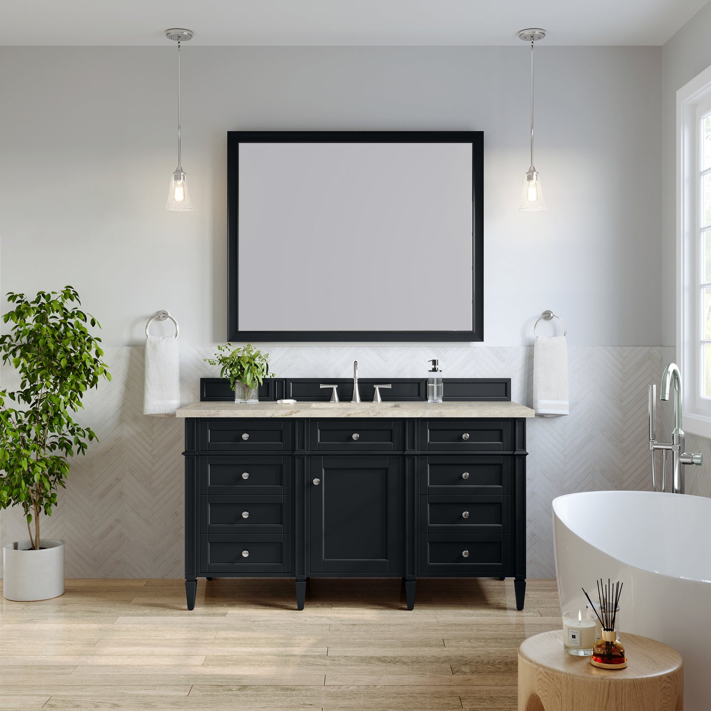 Renovate for Less Atlanta Brittany 60" Single Vanity, Black Onyx, w/ 3 CM Tajnar Eclos Top w/FreePower Wireless Charger