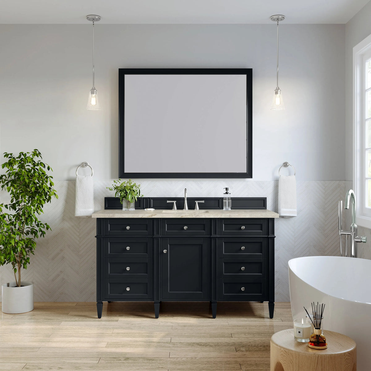 Brittany 60" Single Vanity, Black Onyx, w/ 3 CM Tajnar Eclos Top w/FreePower Wireless Charger
