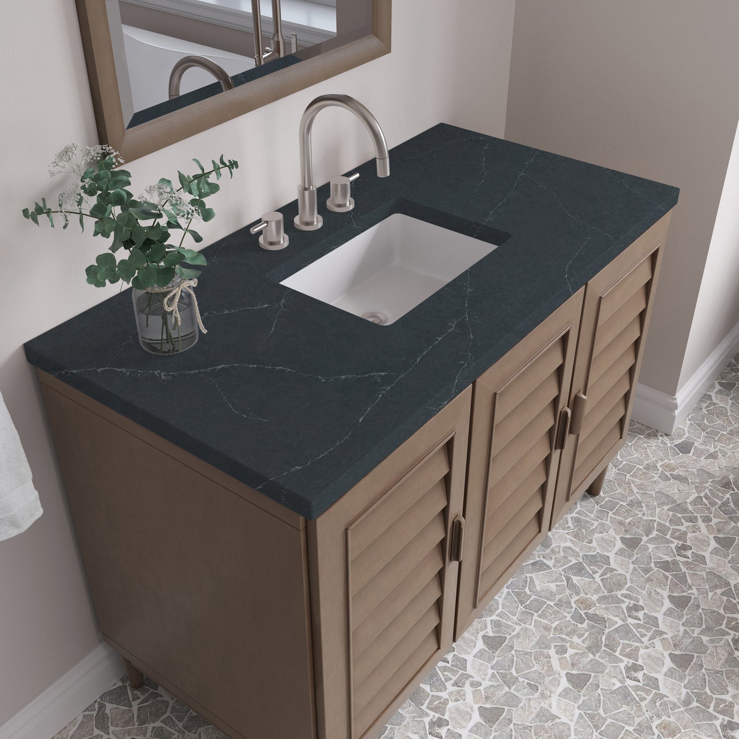 Renovate for Less Atlanta Portland 48" Single Vanity Whitewashed Walnut w/ 3 CM Charcoal Soapstone Silestone Top