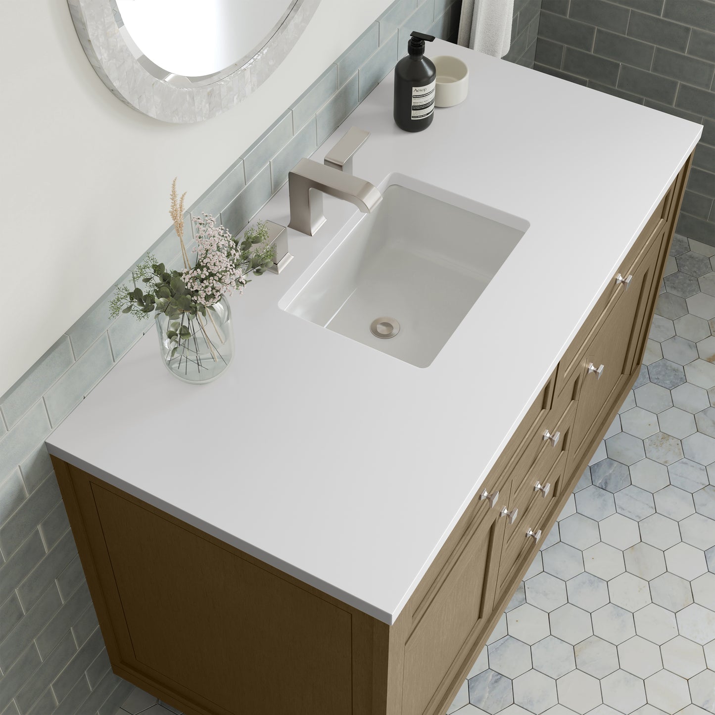 Renovate for Less Atlanta Chicago 48" Single Vanity, Walnut Whisper, w/ 3 CM White Zeus Silestone® Top