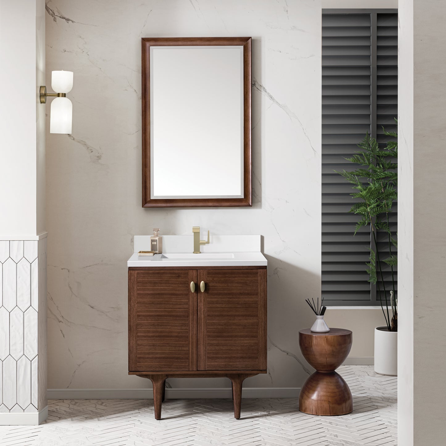 Renovate for Less Atlanta Amberly 30" Single Vanity, Mid-Century Walnut w/ Single Hole 3 CM White Zeus Top & Backsplash