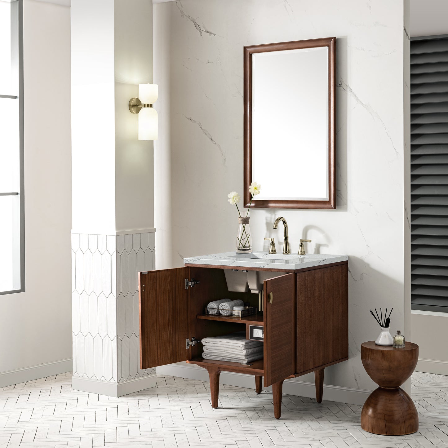 Renovate for Less Atlanta Amberly 30" Single Vanity, Mid-Century Walnut w/ 3 CM Ethereal Noctis Top