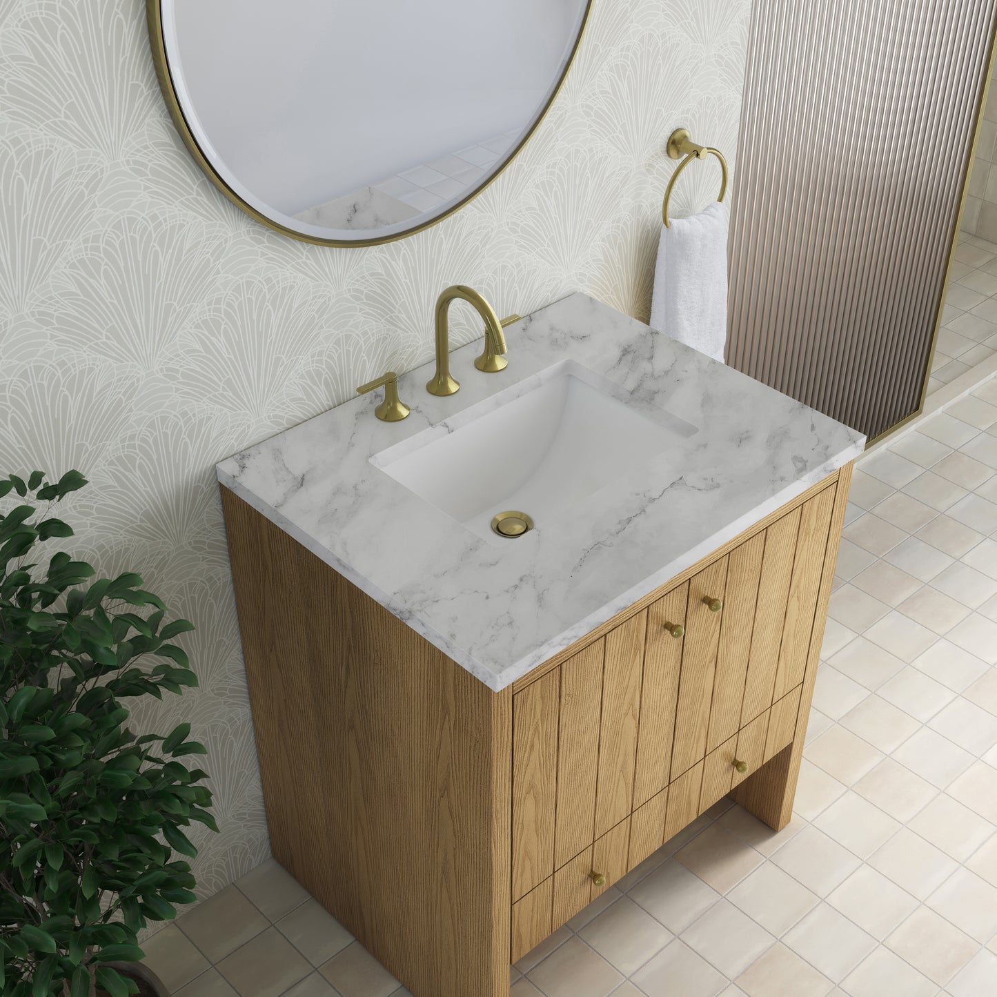 Renovate for Less Atlanta Hudson 30" Single Vanity, Light Natural Oak w/ 3 CM Carrara Marble Top
