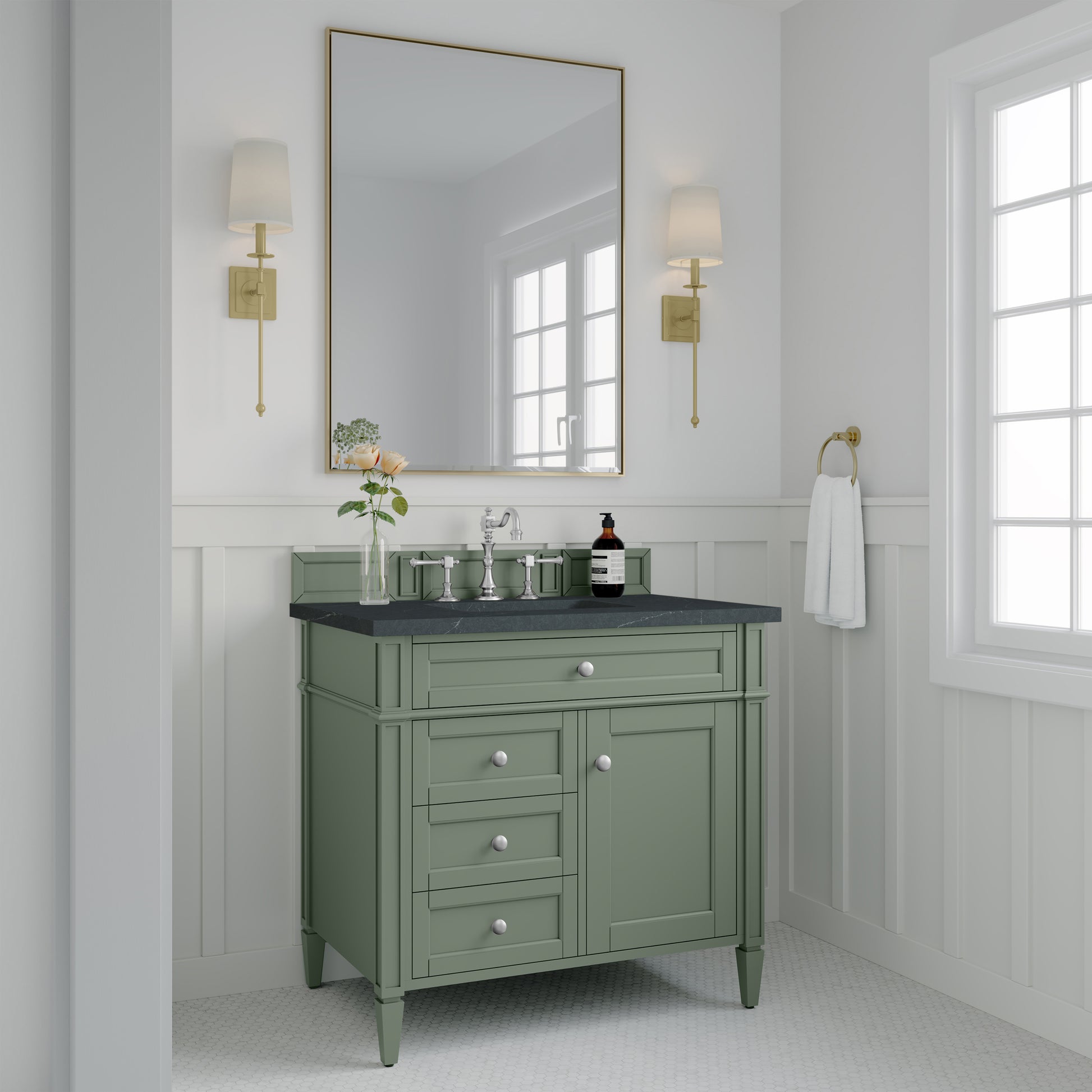 Renovate for Less Atlanta Brittany 36" Single Vanity, Smokey Celadon w/ 3 CM Charcoal Soapstone Top