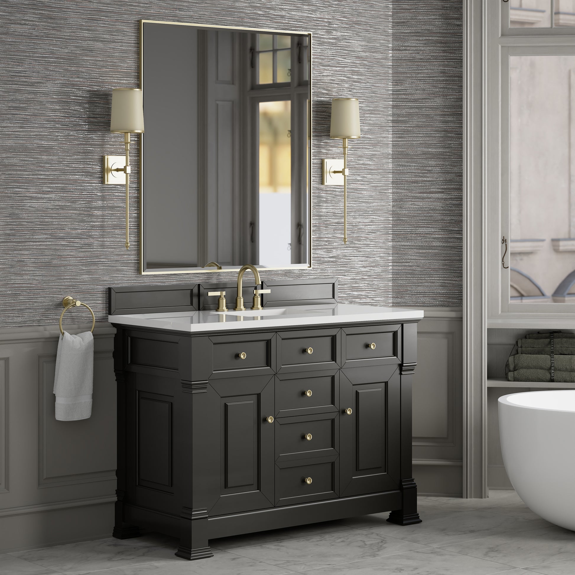 Renovate for Less Atlanta Brookfield 48" Single Vanity, Black Onyx,  w/ 3 CM White Zeus Silestone Top