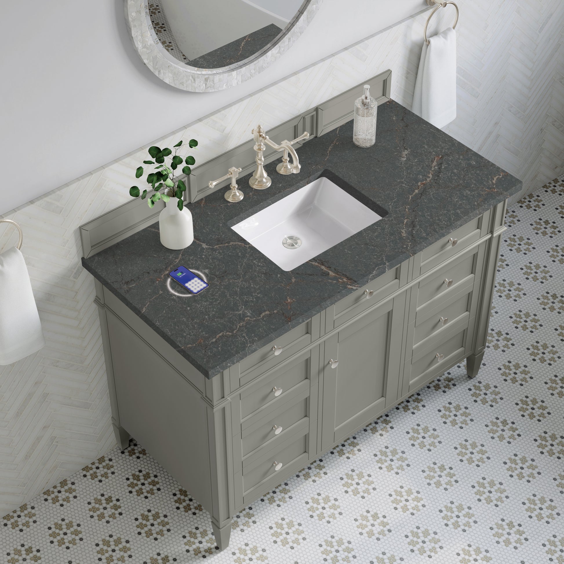 Renovate for Less Atlanta Brittany 48" Single Vanity, Urban Gray w/ 3 CM Parisien Bleu Silestone Top w/FreePower Wireless Charger