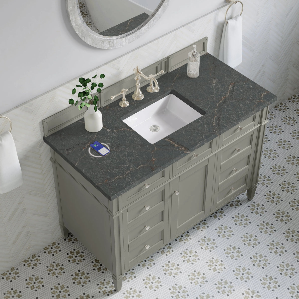 Brittany 48" Single Vanity, Urban Gray w/ 3 CM Parisien Bleu Silestone Top w/FreePower Wireless Charger