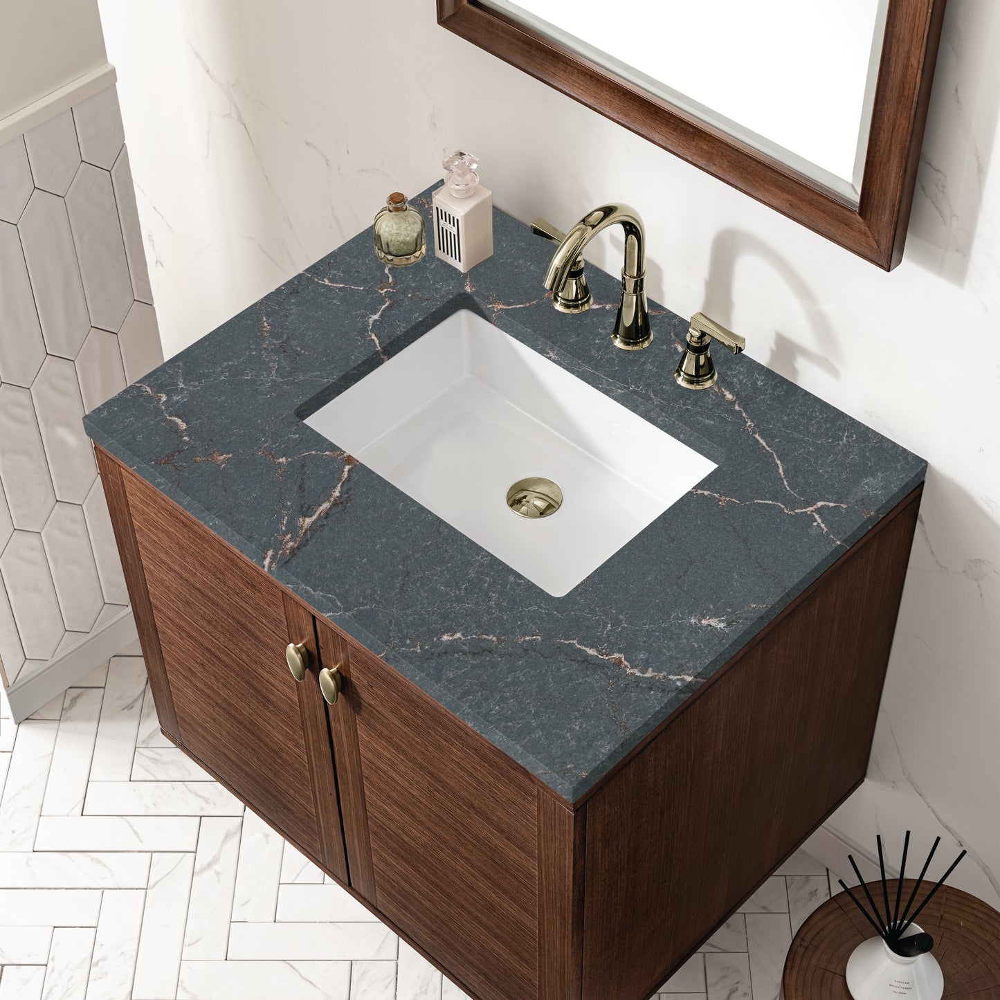Renovate for Less Atlanta Amberly 30" Single Vanity, Mid-Century Walnut w/ 3 CM Parisien Bleu Top