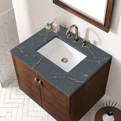 Renovate for Less Atlanta Amberly 30" Single Vanity, Mid-Century Walnut w/ 3 CM Parisien Bleu Top