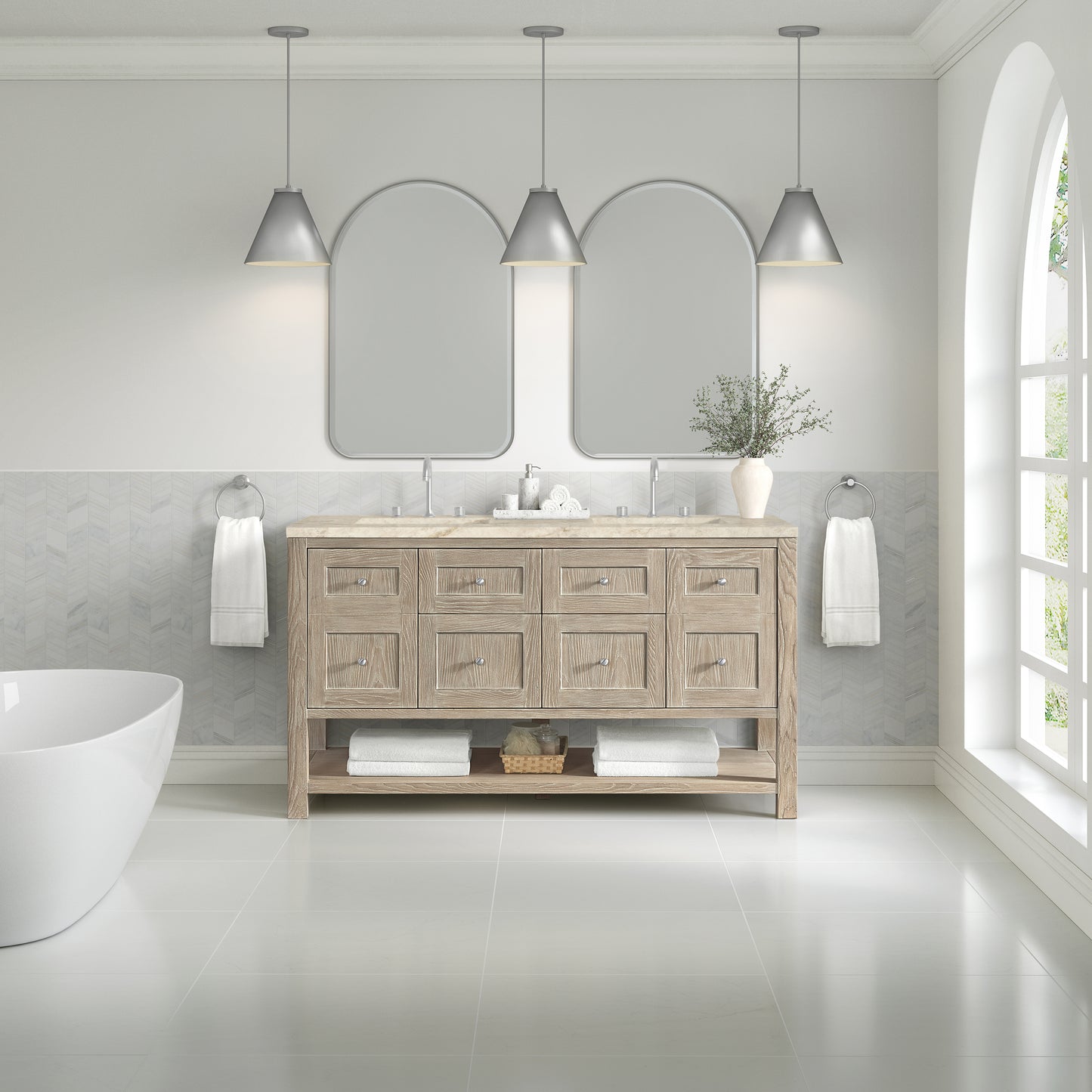 Renovate for Less Atlanta Breckenridge 60" Double Vanity, Whitewashed Oak, w/ 3 CM Tajnar Eclos Top w/FreePower Wireless Charger