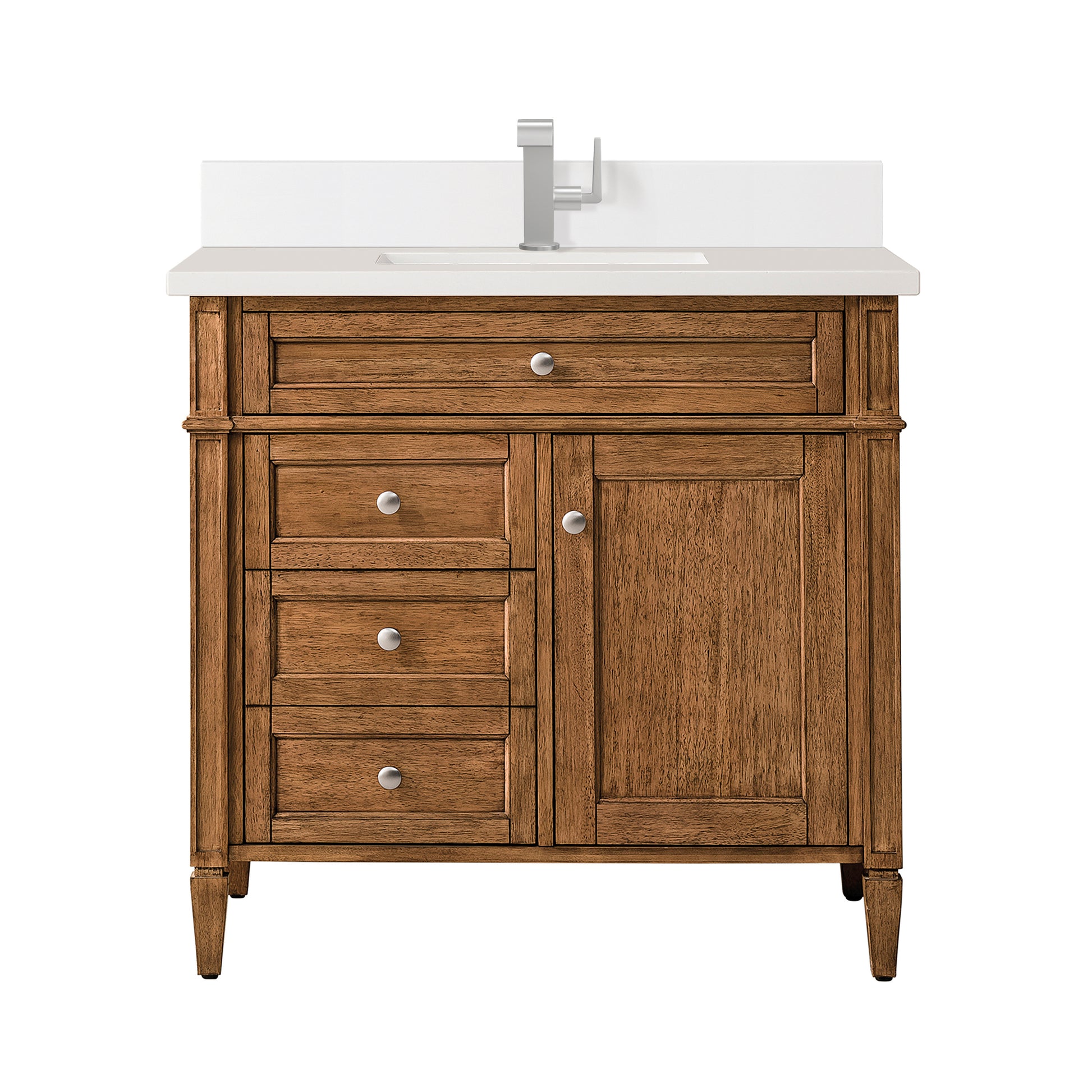 Renovate for Less Atlanta Brittany 36" Single Vanity, Saddle Brown w/ Single Hole 3 CM White Zeus Silestone Top & Backsplash