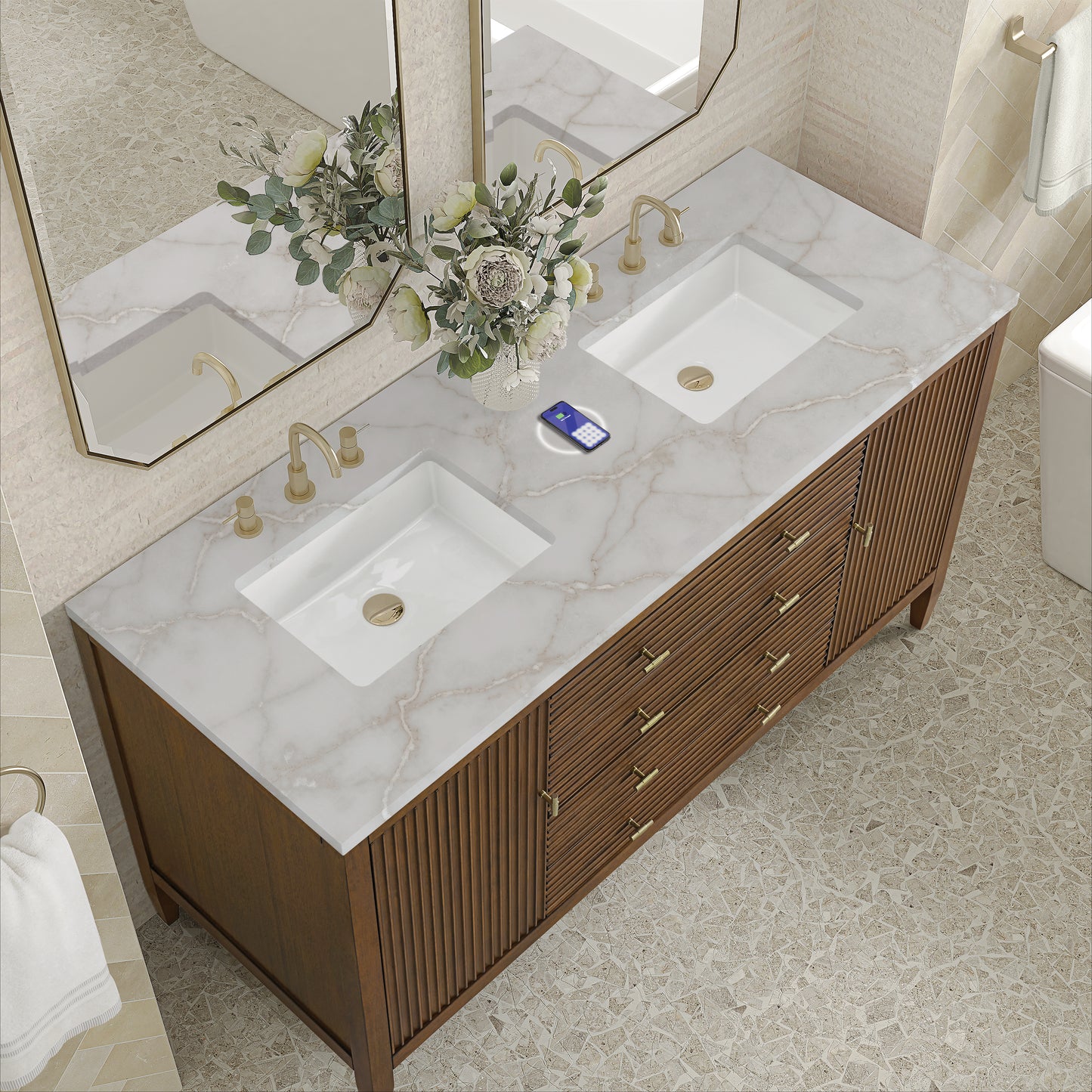 Renovate for Less Atlanta Myrrin 60" Double Vanity, Mid Century Walnut w/ 3 CM Victorian Silver Silestone Top w/FreePower Wireless Charger
