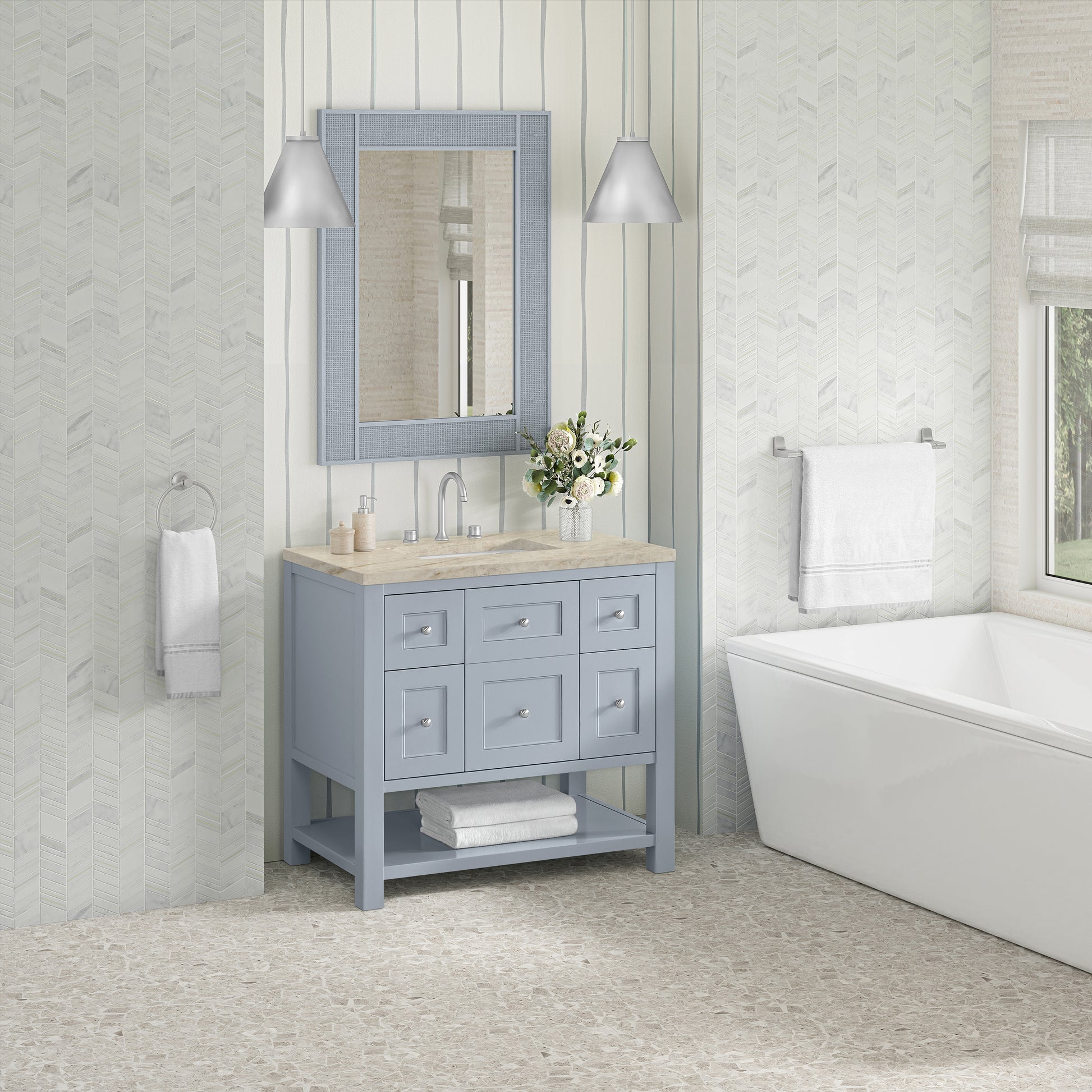 Renovate for Less Atlanta Breckenridge 36" Single Vanity, Serenity Blue, w/ 3 CM Tajnar Eclos Top