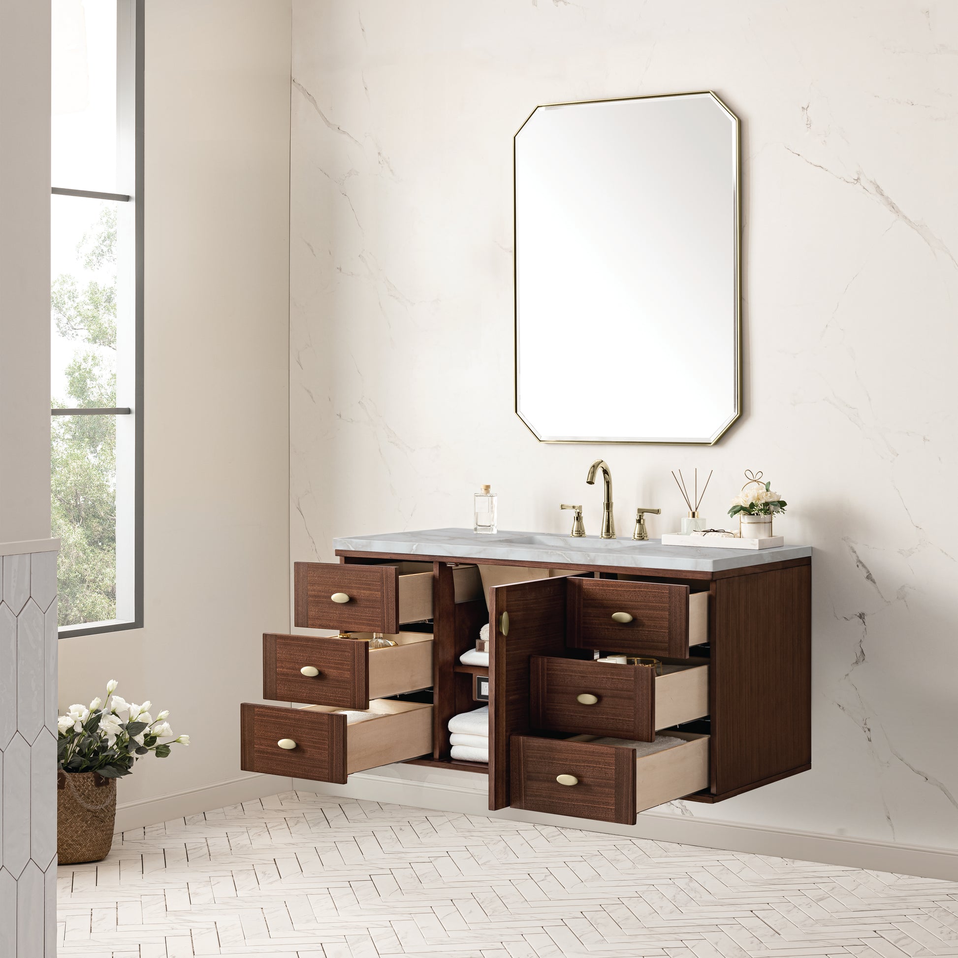 Renovate for Less Atlanta Amberly 48" Single Vanity, Mid-Century Walnut w/ 3 CM Victorian Silver Top w/FreePower Wireless Charger