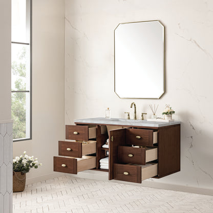 Renovate for Less Atlanta Amberly 48" Single Vanity, Mid-Century Walnut w/ 3 CM Victorian Silver Top w/FreePower Wireless Charger