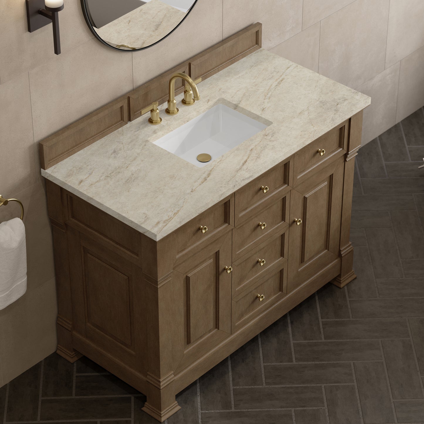 Renovate for Less Atlanta Brookfield 48" Single Vanity, Pecan, w/ 3 CM Tajnar Eclos Top