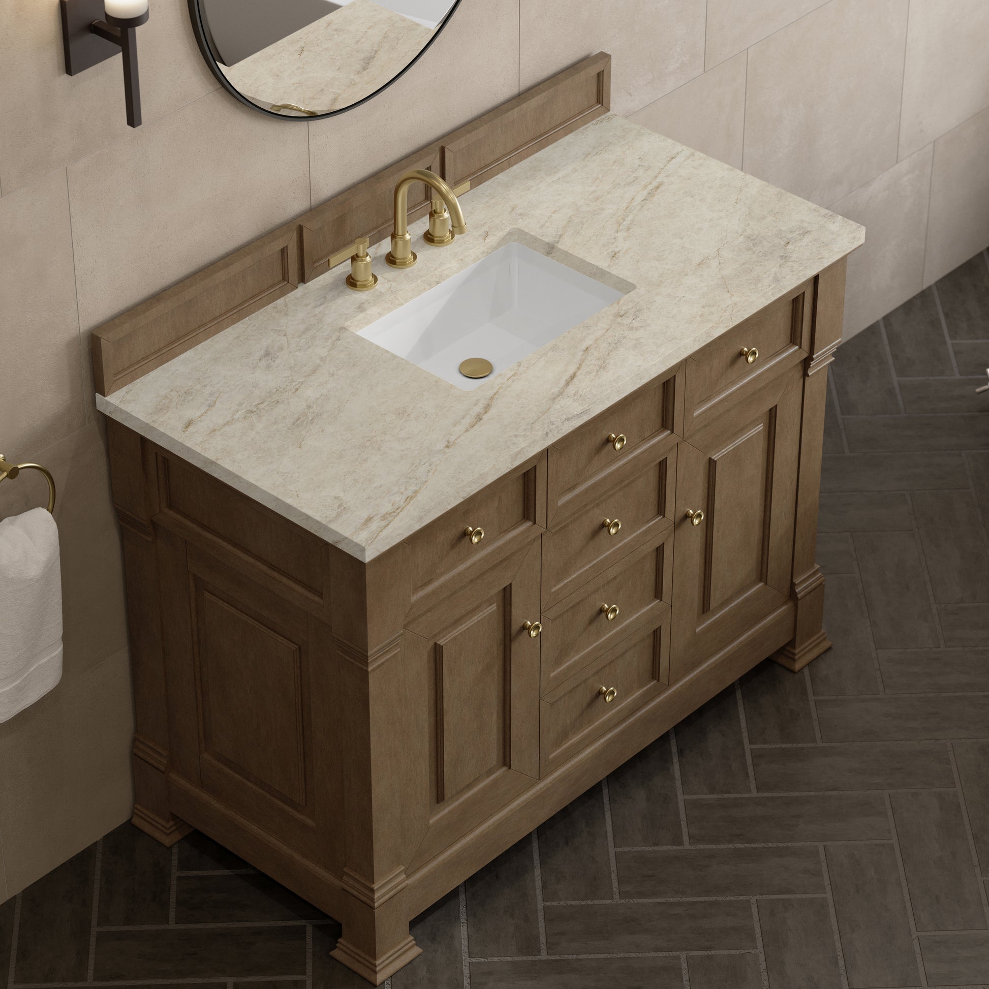 Renovate for Less Atlanta Brookfield 48" Single Vanity, Pecan, w/ 3 CM Tajnar Eclos Top