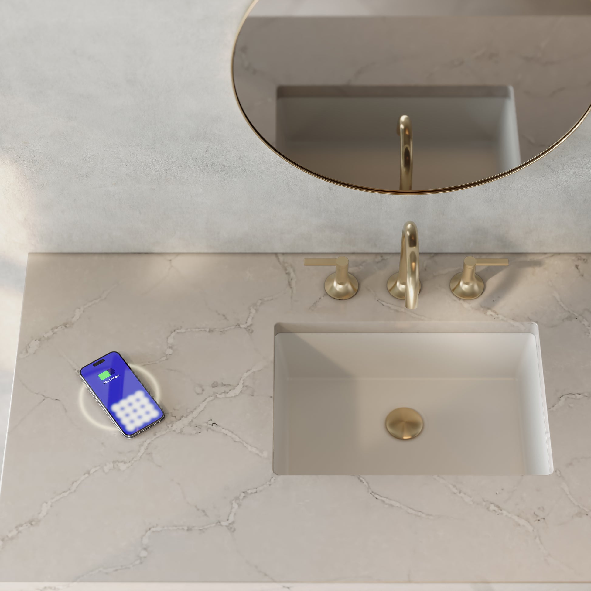 Renovate for Less Atlanta Emmeline 48" Single Vanity, Pebble Oak w/ 3 CM Victorian Silver Silestone Top w/ FreePower Wireless Charger