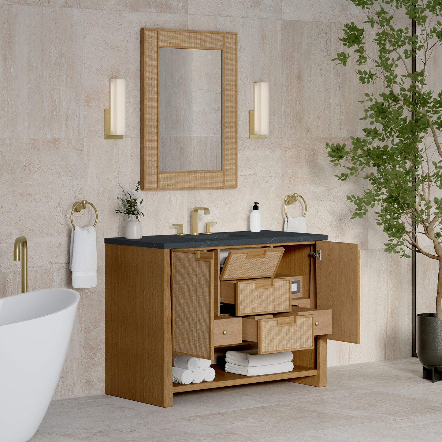 Renovate for Less Atlanta Solene 48" Single Vanity, Seaside Oak, w/ 3 CM Charcoal Soapstone Quartz Top