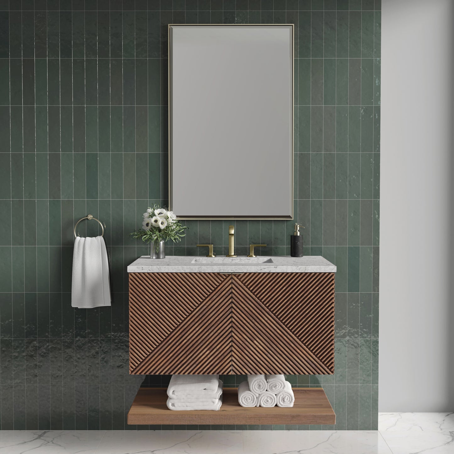 Renovate for Less Atlanta Marcello 36" Single Vanity, Chestnut w/ 3 CM Eternal Jasmine Pearl Top