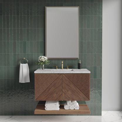 Renovate for Less Atlanta Marcello 36" Single Vanity, Chestnut w/ 3 CM Eternal Jasmine Pearl Top