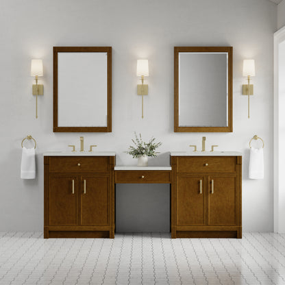 Renovate for Less Atlanta Bellshire 84" Dual Vanity Set with 24" Make-Up Counter, Honey Oak w/3 cm Lime Delight Silestone Top