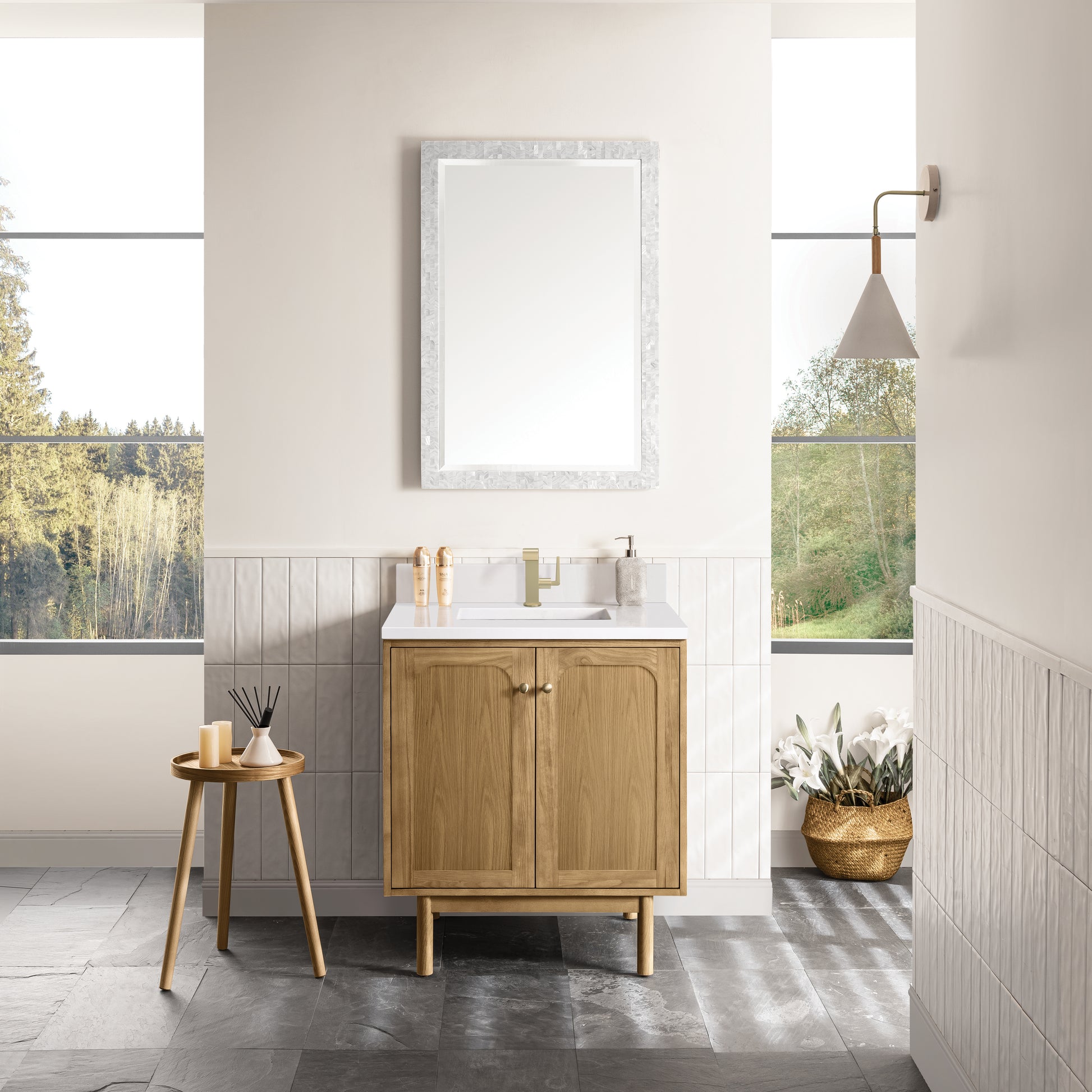 Renovate for Less Atlanta Laurent 30" Single Vanity, Light Natural Oak w/ Single Hole 3 CM White Zeus Top & Backsplash