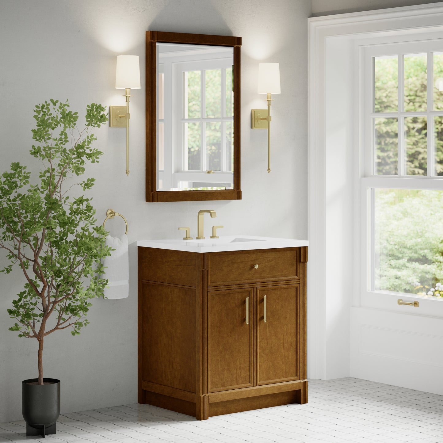 Renovate for Less Atlanta Bellshire 30" Single Vanity, Honey Oak w/ 3 CM White Zeus Silestone Top