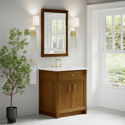 Renovate for Less Atlanta Bellshire 30" Single Vanity, Honey Oak w/ 3 CM White Zeus Silestone Top